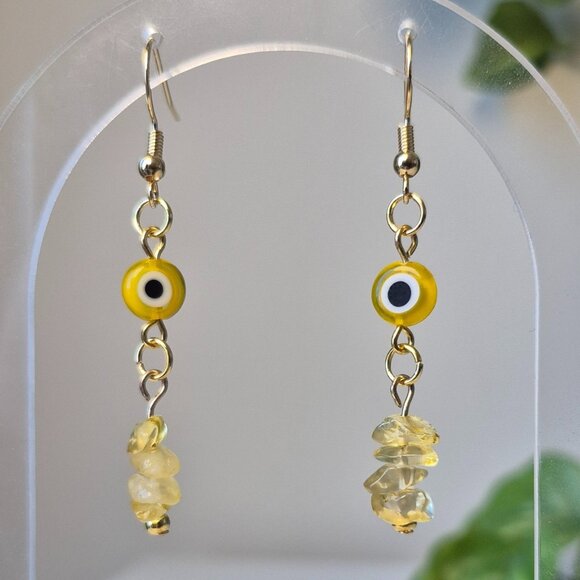 Handmade Protection Earrings with Yellow Evil Eye Charms and Citrine Chip Beads - Picture 1 of 8